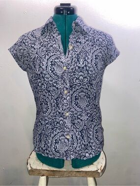 ExOfficio Y2K Bohemian Coastal Button Up Navy Patterned Shirt